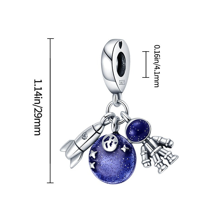 Charm pendentif triple astronaute, fusée, étoiles en argent - Korell charms