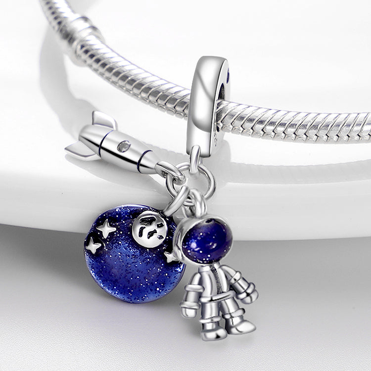 Charm pendentif triple astronaute, fusée, étoiles en argent - Korell charms