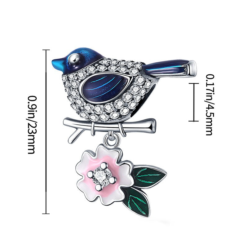 Charm oiseau bleu sur branche et fleur rose en argent - Korell charms