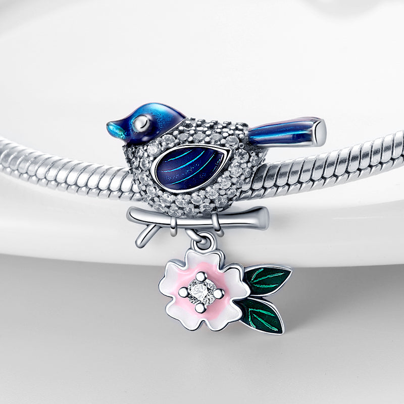 Charm oiseau bleu sur branche et fleur rose en argent - Korell charms