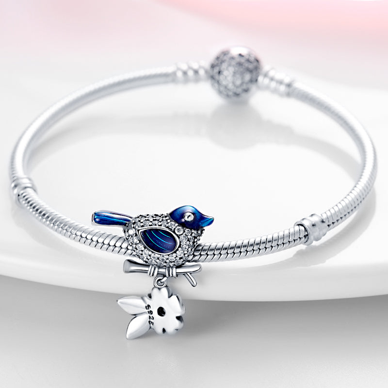 Charm oiseau bleu sur branche et fleur rose en argent - Korell charms