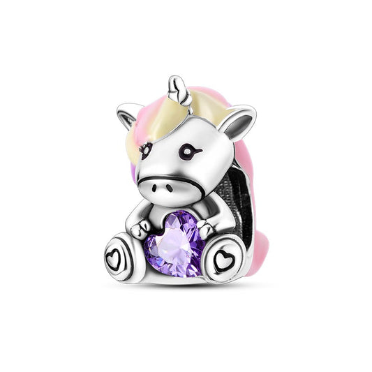 Charm licorne assise et cœur violet en argent - Korell charms