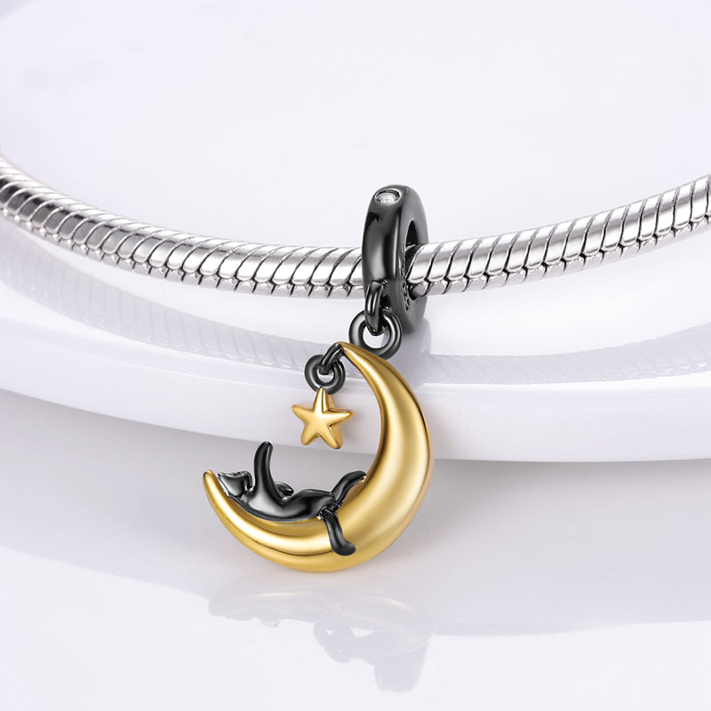 Charm pendentif chat noir, quartier de lune et étoile en argent - Korell charms