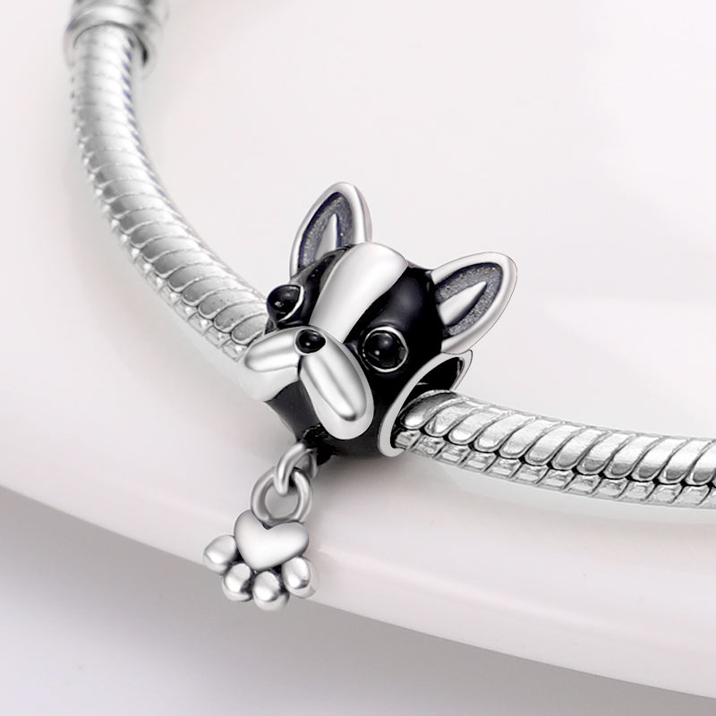 Charm pendentif tête chien bouledogue et empreinte de patte en argent - Korell charms