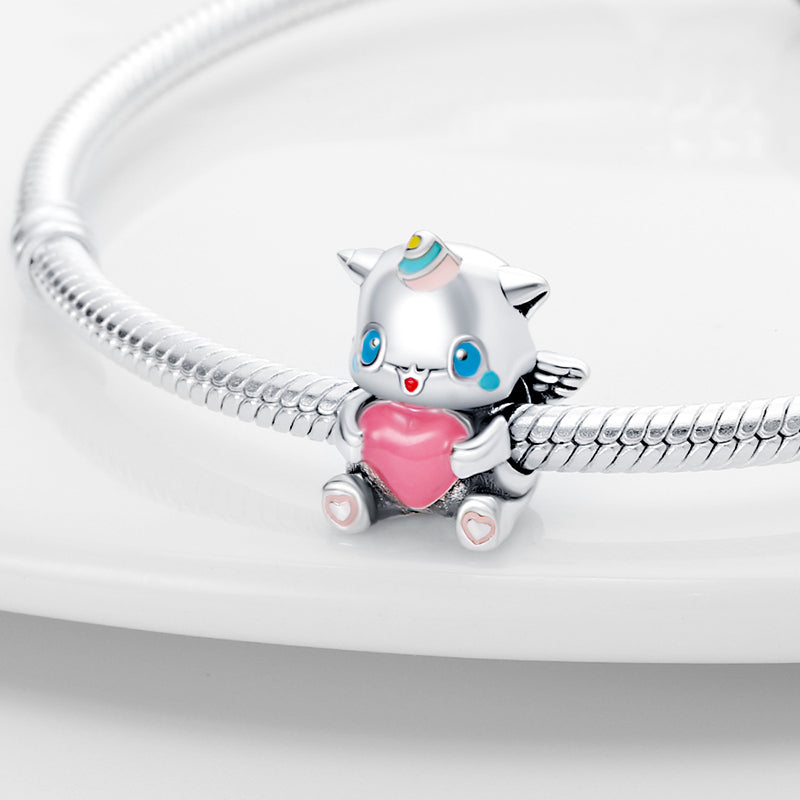 Charm bébé chat licorne et cœur rose en argent - Korell charms