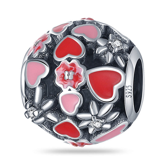 Charm perle fleurs et cœurs rose et rouge en argent - Korell charms