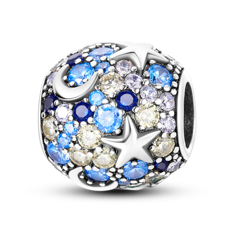 Charm perle quartiers de lune et étoiles cristaux bleus en argent - Korell charms