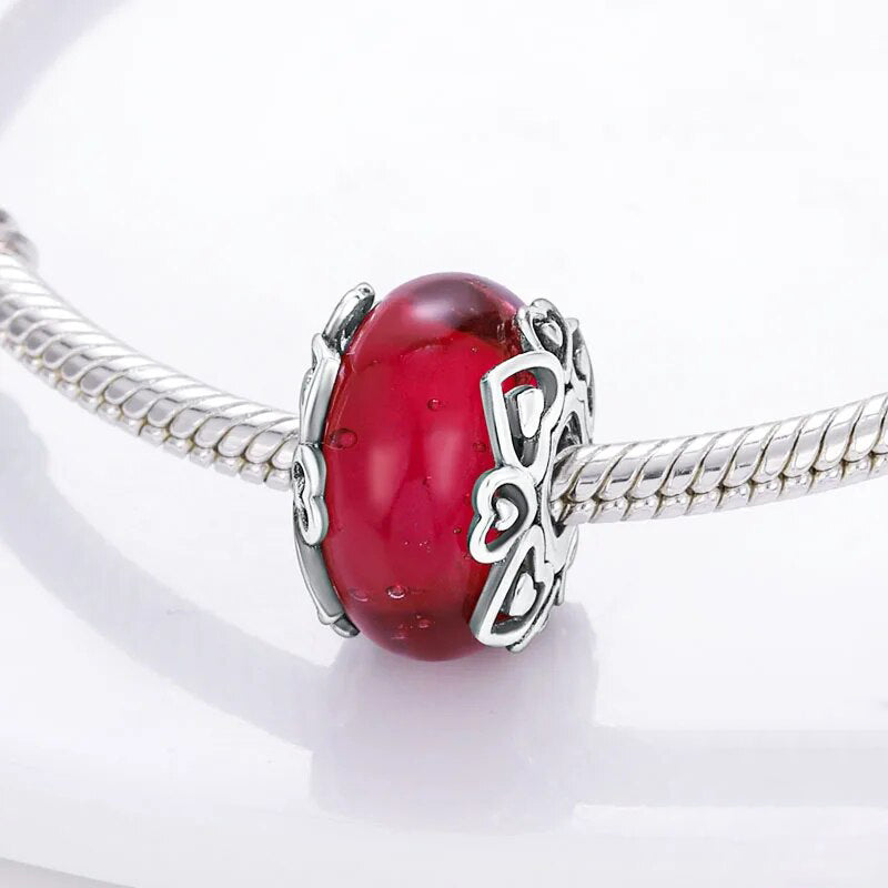 Charm séparateur Murano rouge cœurs en argent - Korell charms