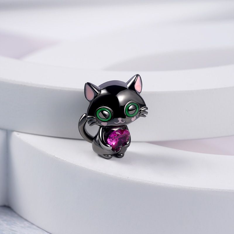 Charm Halloween chat noir cœur rose en argent - Korell charms