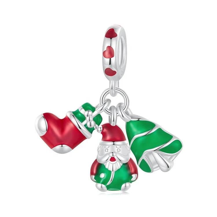 Charm Prestige pendentif triple chaussette, Père Noël et sapin en argent - lumineux - Korell charms