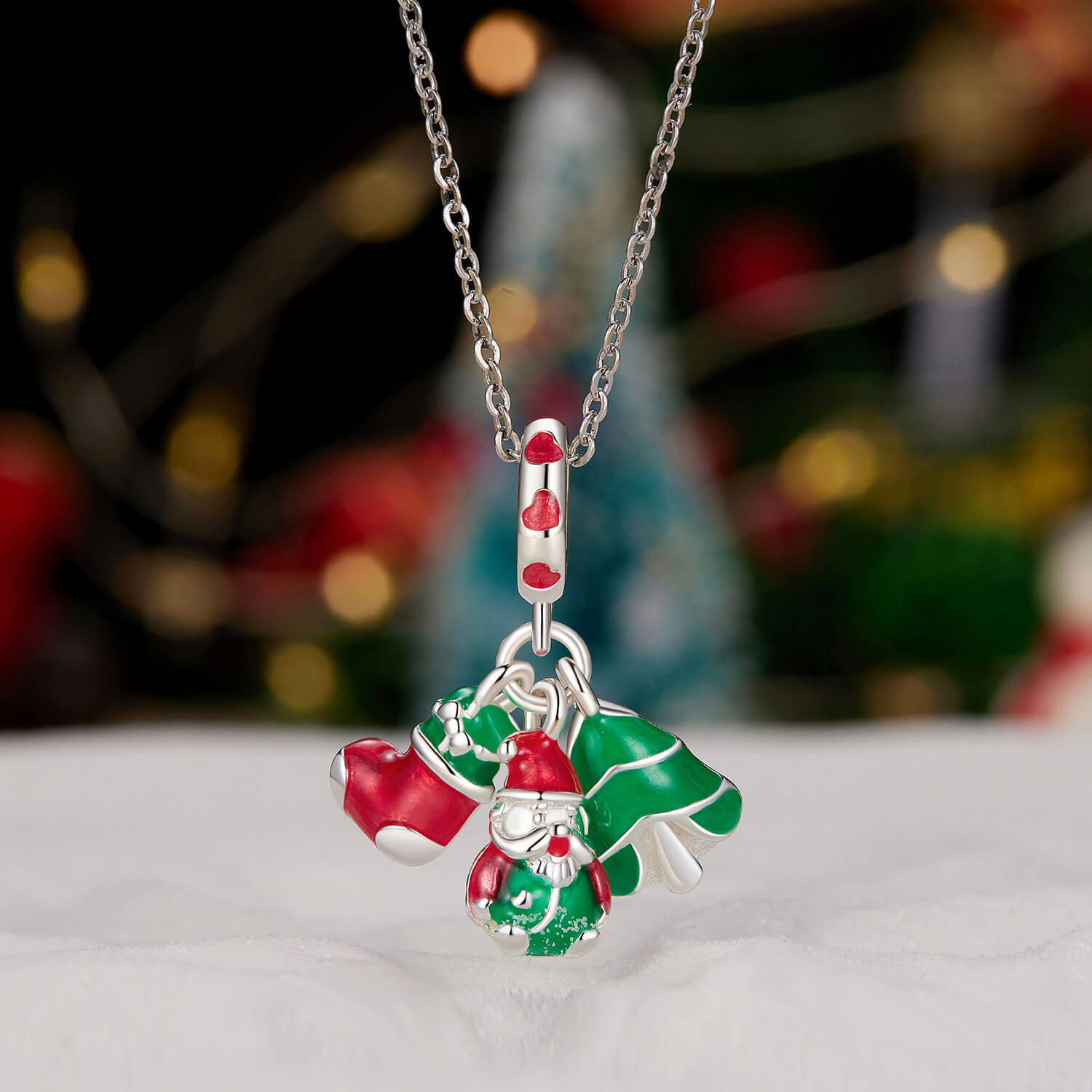 Charm Prestige pendentif triple chaussette, Père Noël et sapin en argent - lumineux - Korell charms