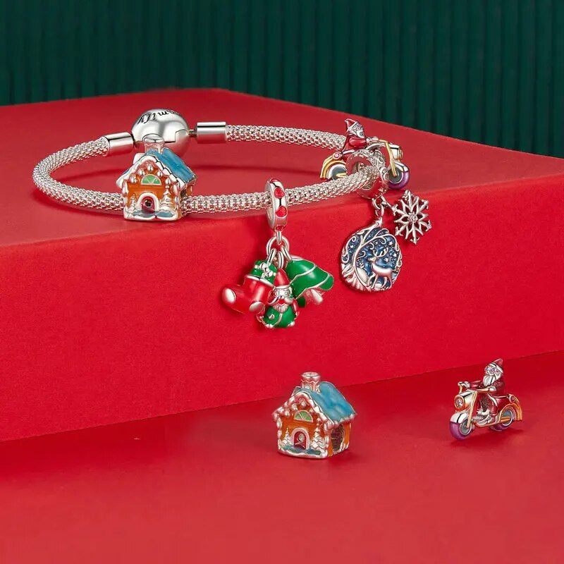 Charm Prestige pendentif triple chaussette, Père Noël et sapin en argent - lumineux - Korell charms