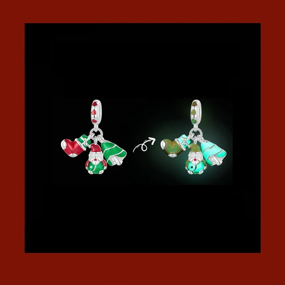 Charm Prestige pendentif triple chaussette, Père Noël et sapin en argent - lumineux - Korell charms