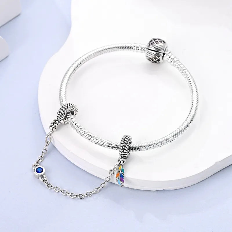 Charm chaine plume multicolore et cristal bleu en argent - Korell charms