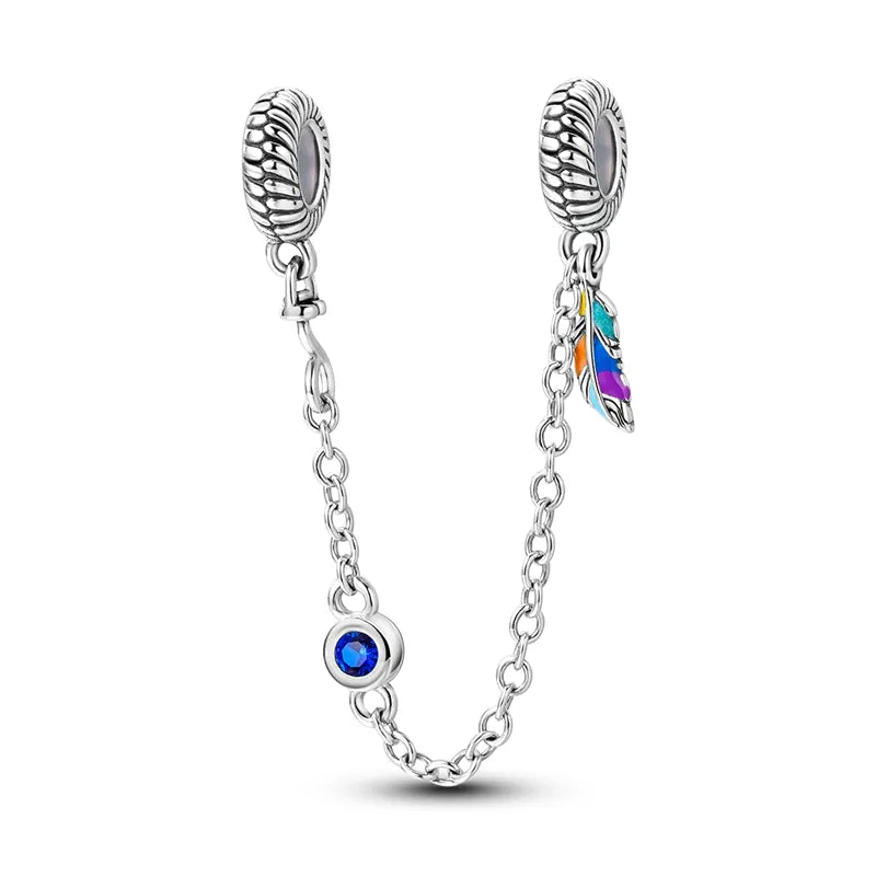 Charm chaine plume multicolore et cristal bleu en argent - Korell charms