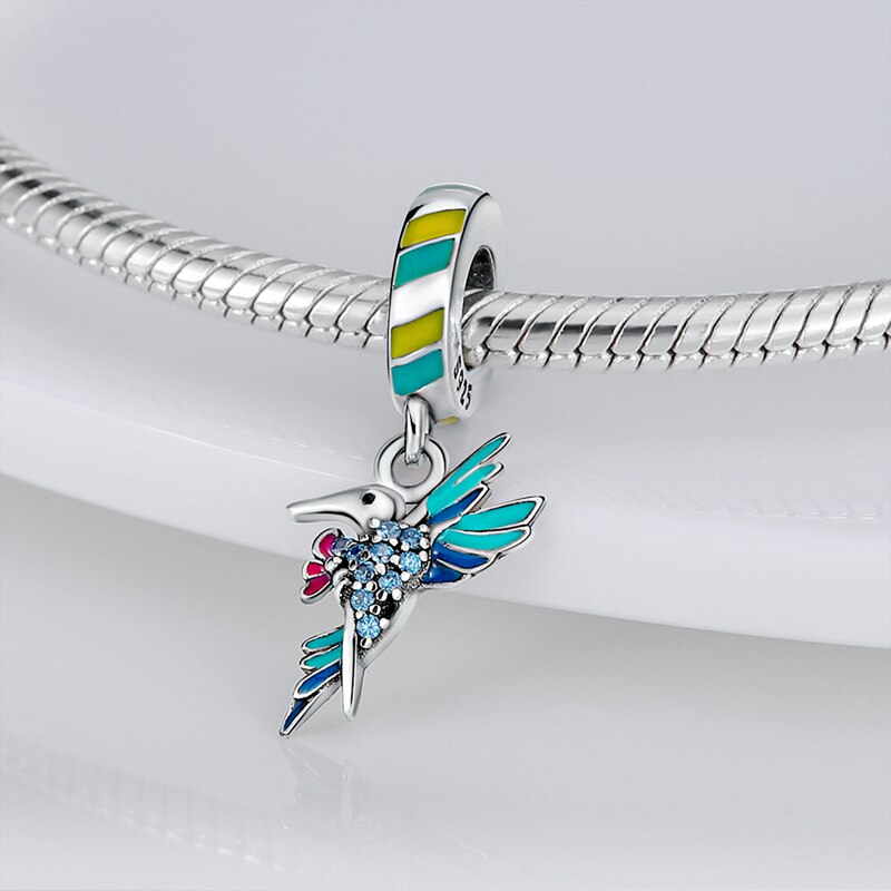 Charm pendentif colibri bleu et fleurs en argent - Korell charms