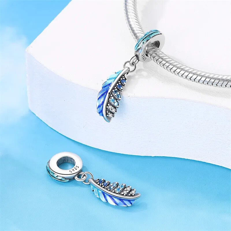 Charm pendentif plume bleue et cristaux en argent - Korell charms