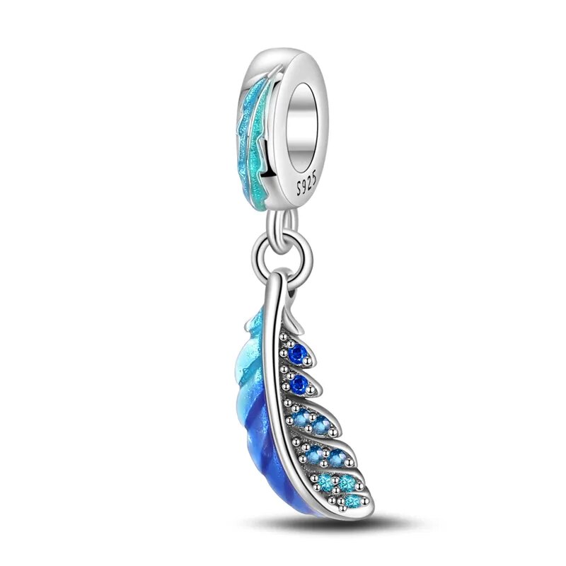 Charm pendentif plume bleue et cristaux en argent - Korell charms