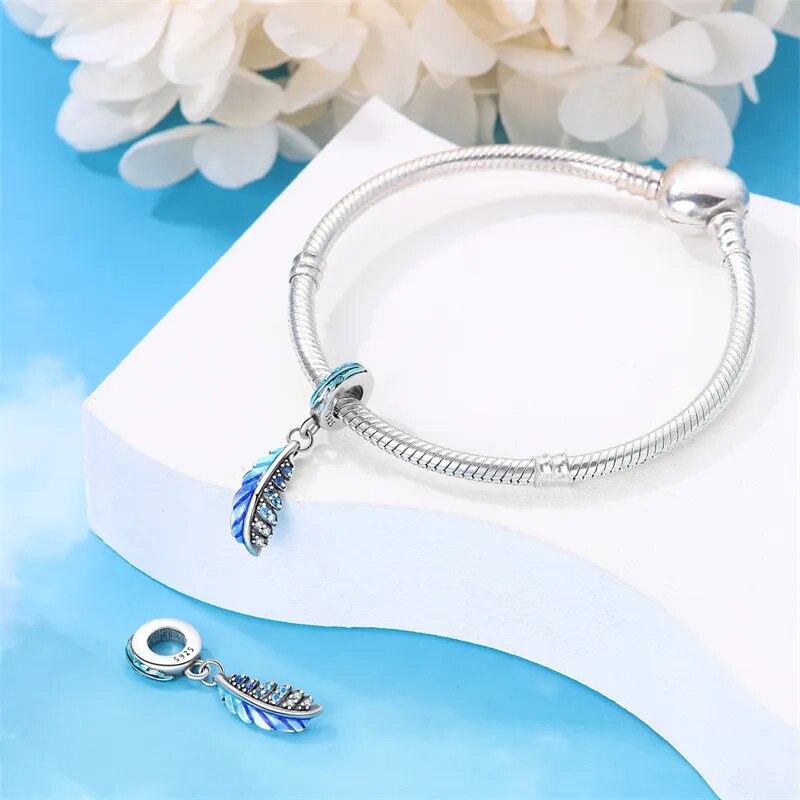 Charm pendentif plume bleue et cristaux en argent - Korell charms