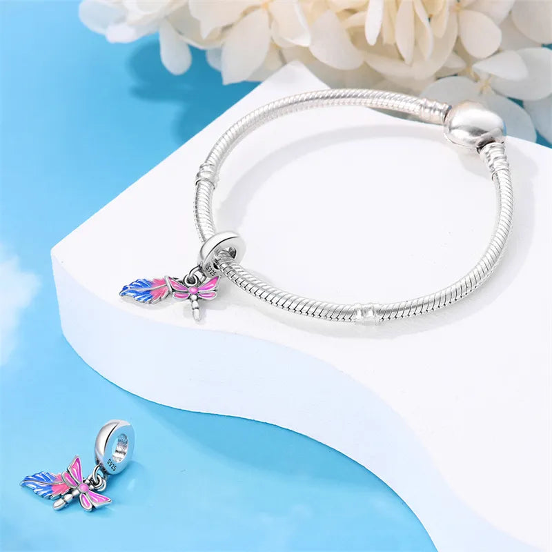 Charm pendentif plume et libellule rose en argent - Korell charms