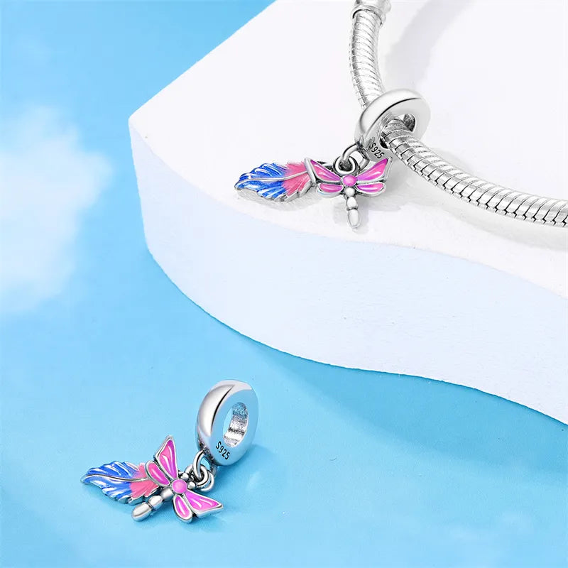 Charm pendentif plume et libellule rose en argent - Korell charms