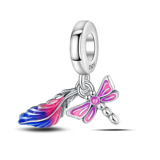 Charm pendentif plume et libellule rose en argent - Korell charms