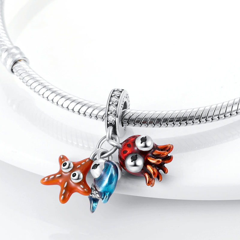 Charm pendentif triple pieuvre étoile de mer poisson en argent - Korell charms