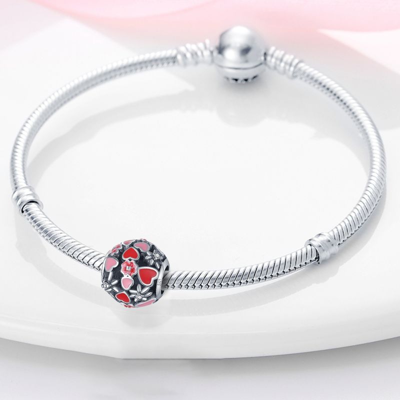 Charm perle fleurs et cœurs rose et rouge en argent - Korell charms