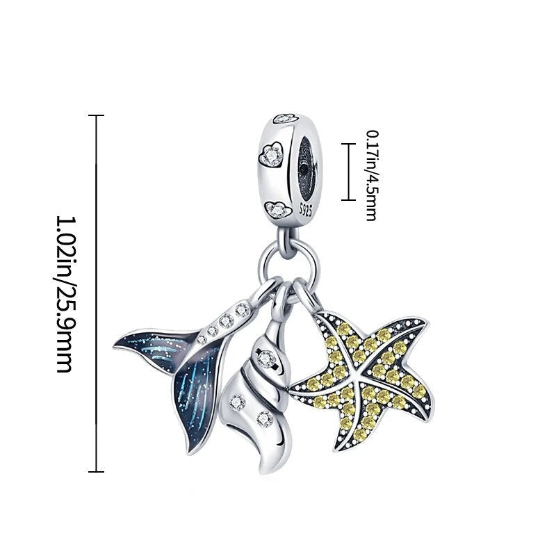 Charm pendentif triple coquillage, escargot de mer et queue de poisson en argent - Korell charms