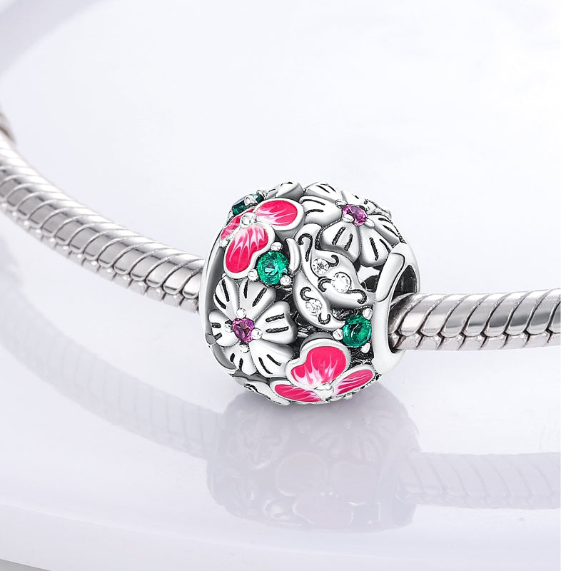 Charm perle fleurs argentées et roses en argent - Korell charms