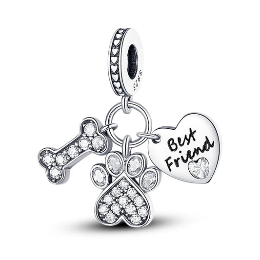 Charm pendentif triple patte de chien et os cristaux en argent Default Title - Korell charms