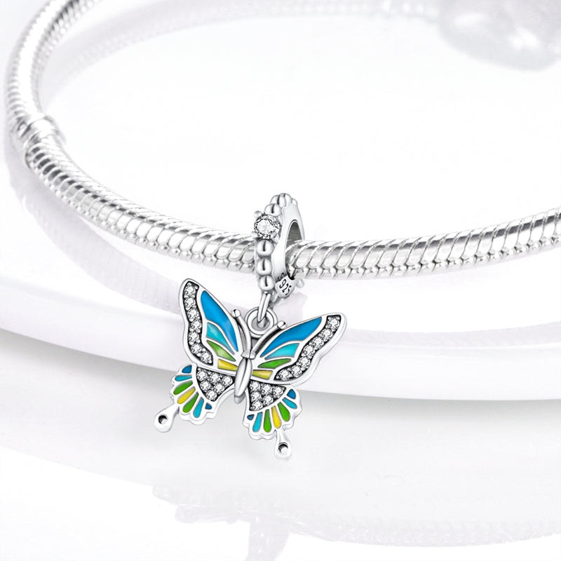 Charm pendentif papillon bleu, vert et jaune en argent - Korell charms