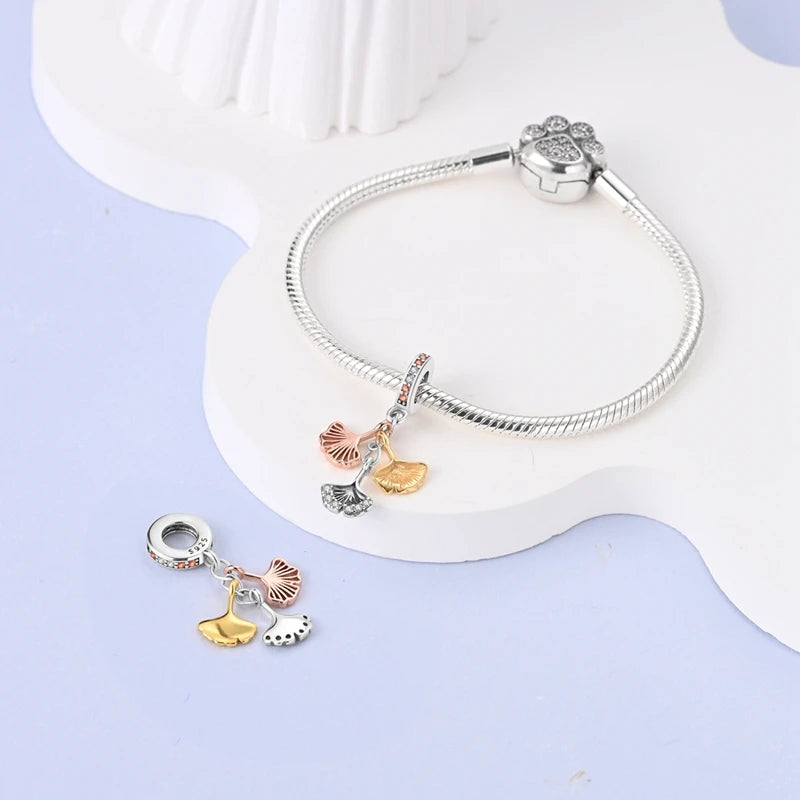 Charm pendentif triple feuilles de ginkgo biloba en argent - Korell charms