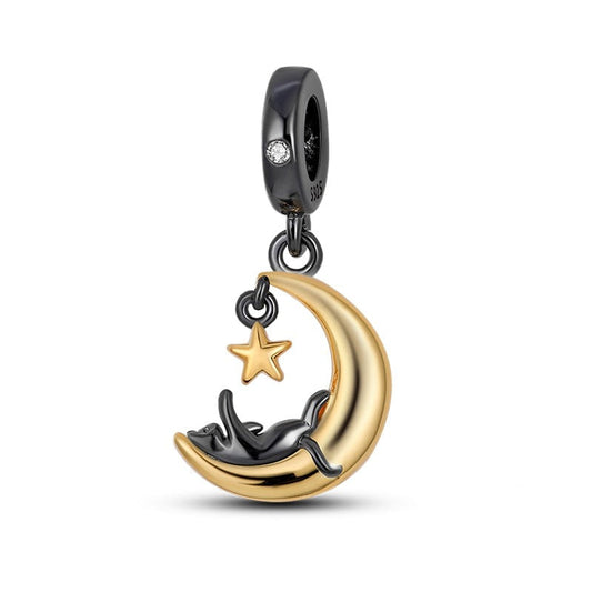 Charm pendentif chat noir, quartier de lune et étoile en argent Default Title - Korell charms