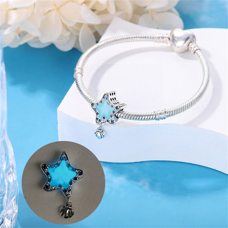 Charm étoile de mer bleue et coquillage en argent - lumineux - Korell charms