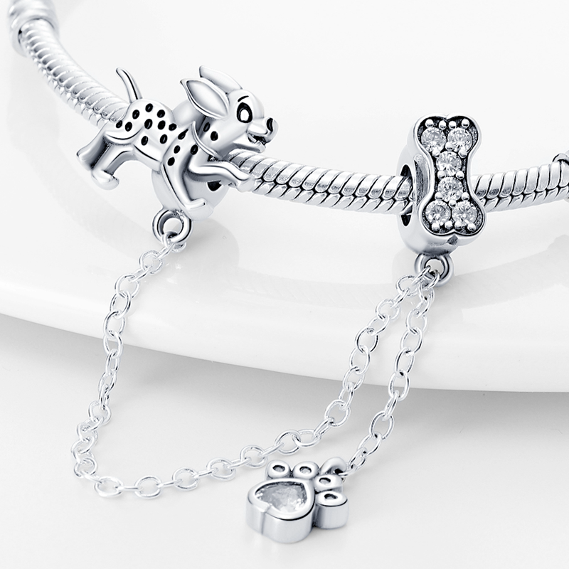 Charm chaine chien dalmatien, patte de chien et os en argent - Korell charms