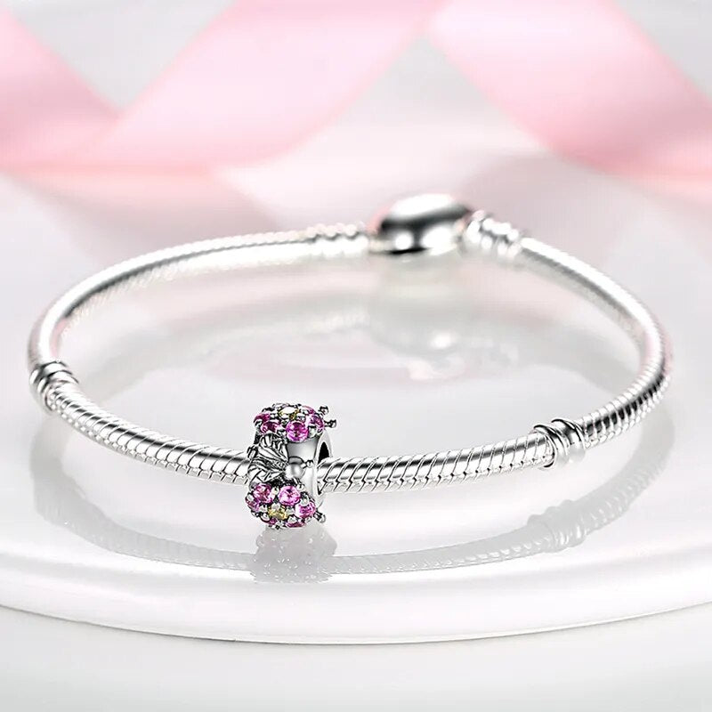 Charm séparateur abeilles et fleurs cristaux roses en argent - Korell charms