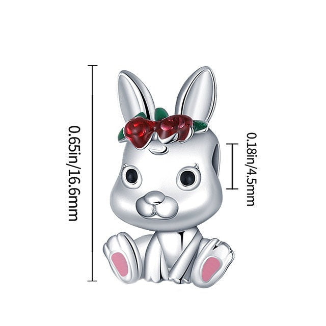 Charm lapin fleurs rouges en argent - Korell charms