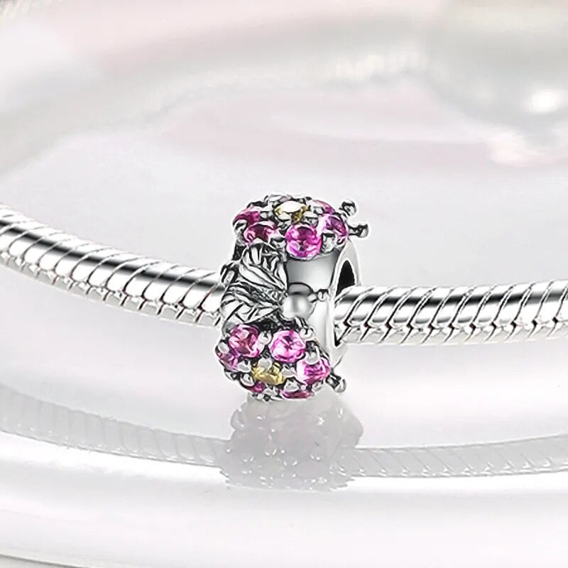 Charm séparateur abeilles et fleurs cristaux roses en argent - Korell charms