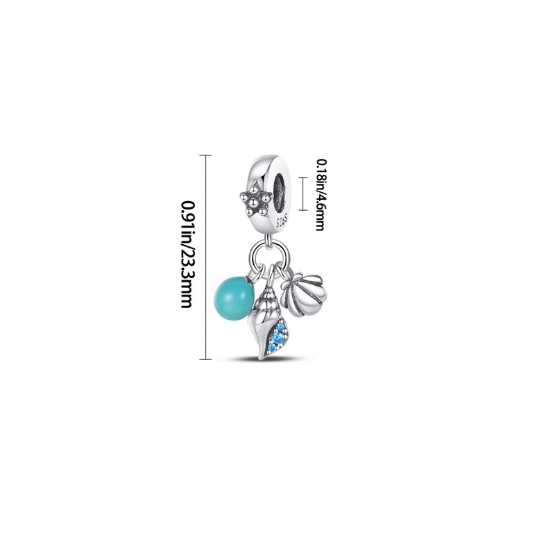 Charm pendentif triple escargot, coquillage et perle bleue en argent - lumineux - Korell charms