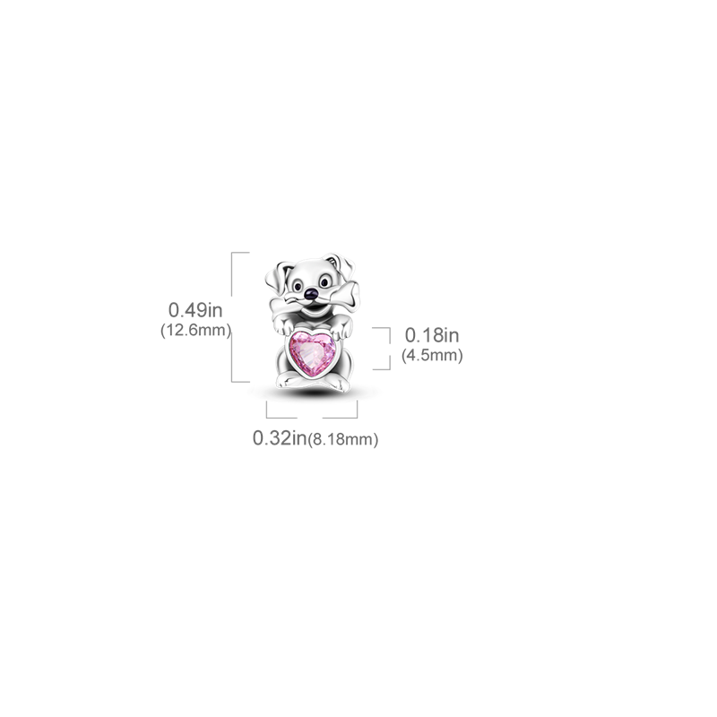 Charm chien et os cœur rose en argent - Korell charms