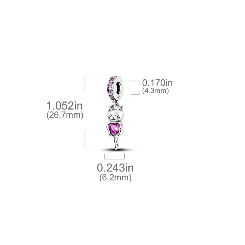 Charm pendentif chat avec cœur rose en argent - Korell charms