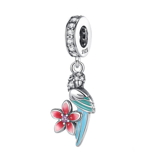 Charm pendentif oiseau perroquet et fleur rouge en argent Default Title - Korell charms