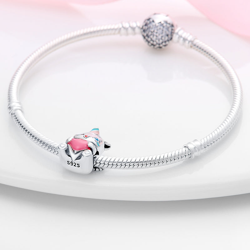 Charm bébé chat licorne et cœur rose en argent - Korell charms