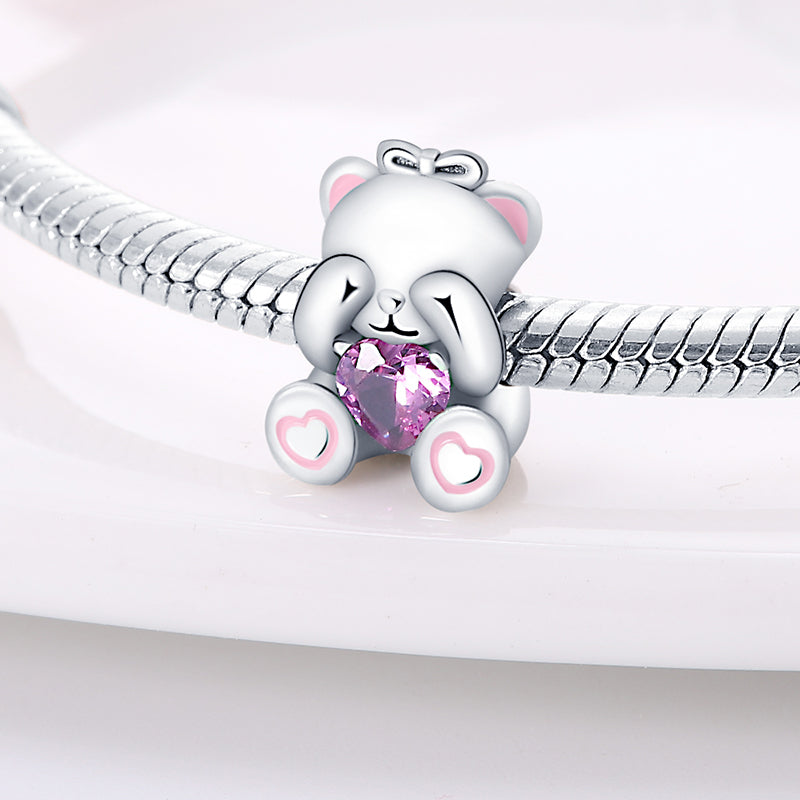 Charm ourson et cœur rose en argent - Korell charms