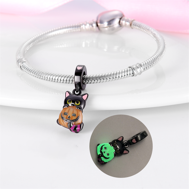 Charm pendentif Halloween chat noir et citrouille en argent - lumineux - Korell charms