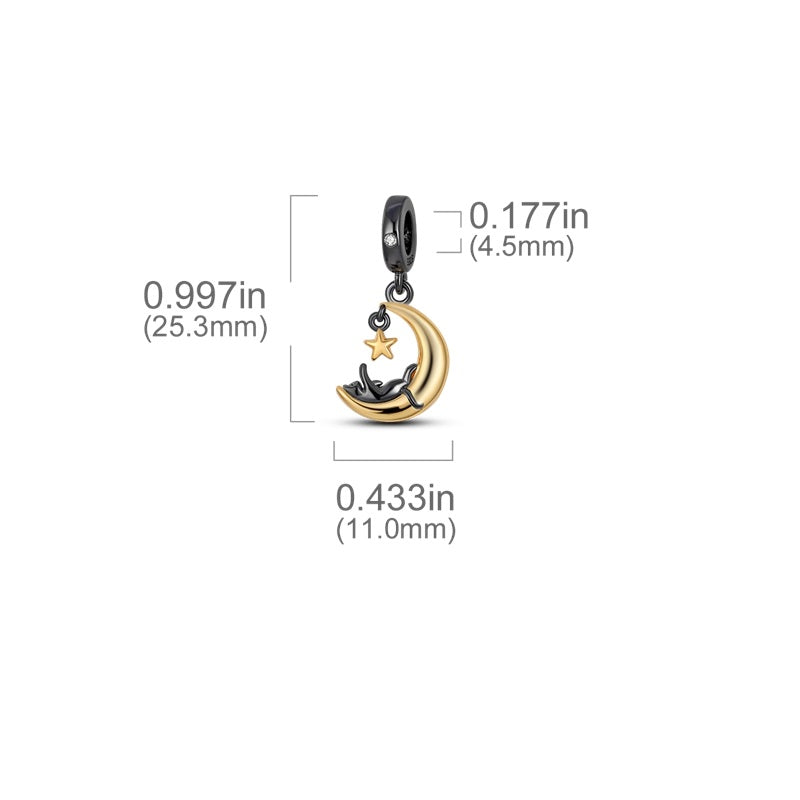 Charm pendentif chat noir, quartier de lune et étoile en argent - Korell charms