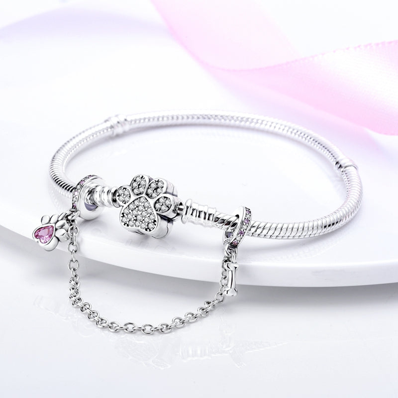 Charm chaine patte chien rose et os en argent - Korell charms