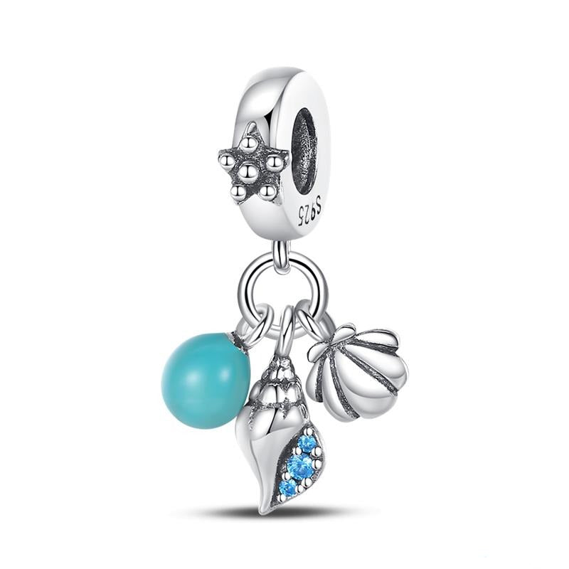 Charm pendentif triple escargot, coquillage et perle bleue en argent - lumineux - Korell charms