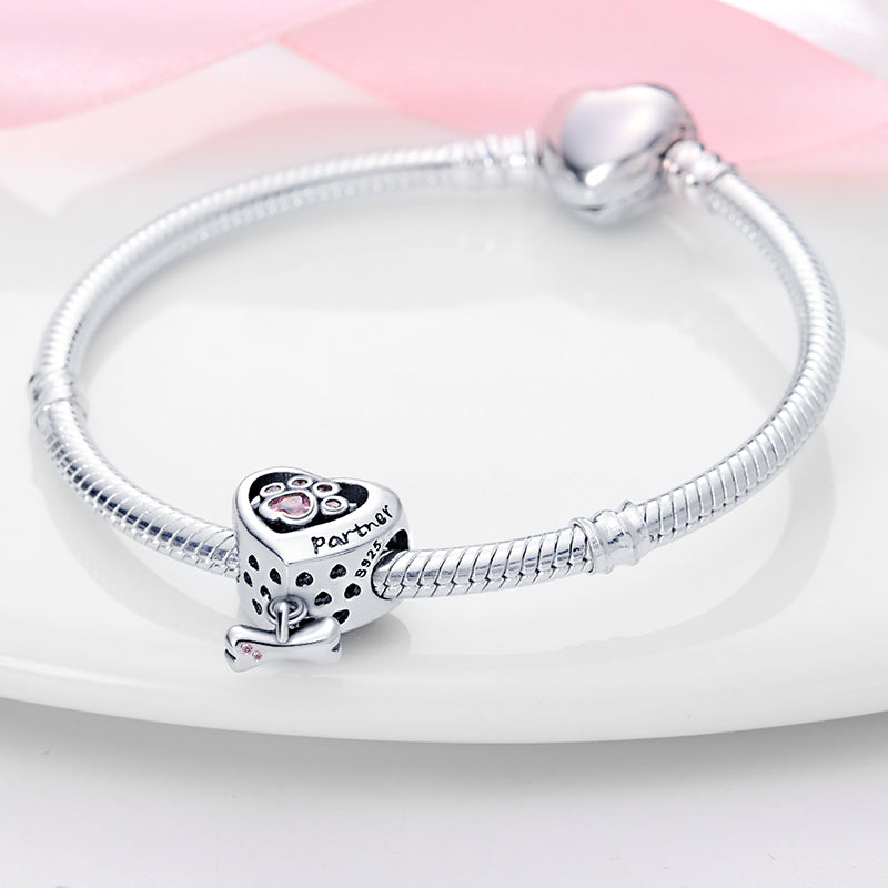 Charm cœur empreinte patte de chien rose et os en argent - Korell charms